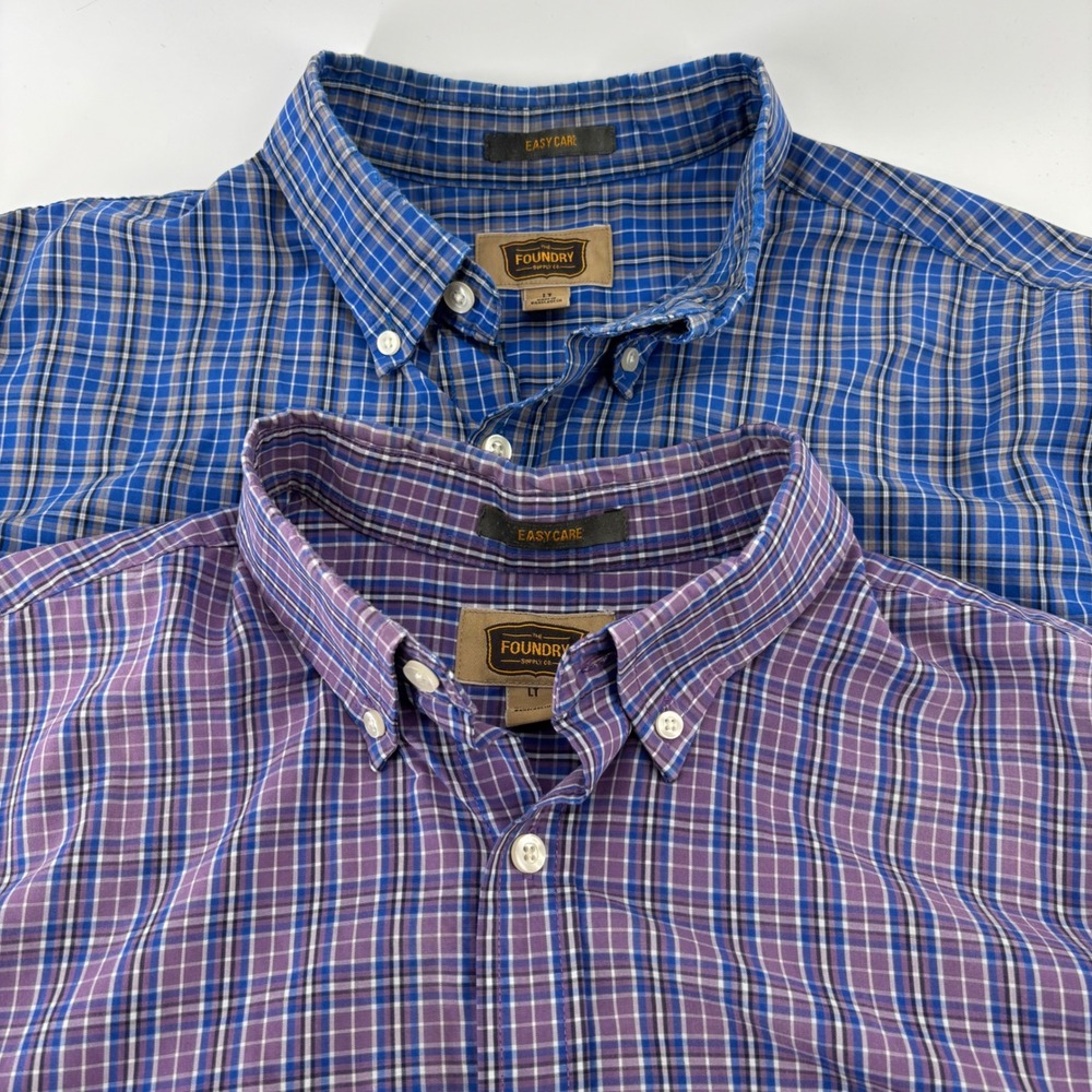 Foundry Supply Co Shirt Mens LT Blue Purple Plaid Short Sleeve Lot of 2 Tall